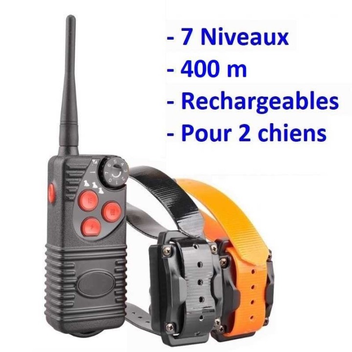 2 Colliers de dressage rechargeables 400m (grande autonomie) (7 niveaux)