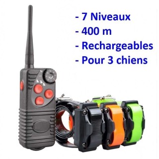 3 Colliers de dressage rechargeables 400m (grande autonomie) (7 niveaux) (pour 3 chiens)