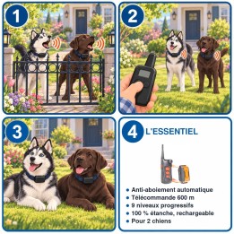 Kit de 2 colliers anti-aboiement avec télécommande 600 m : utilisation en 3 étapes et caractéristiques