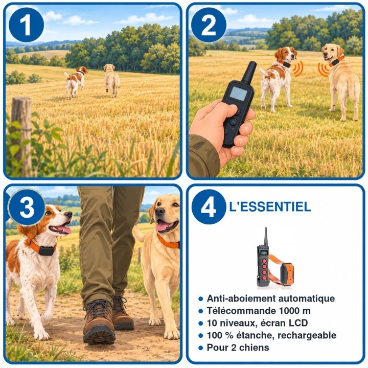 Kit de 2 colliers anti-aboiement avec télécommande 1000 m : utilisation en 3 étapes et caractéristiques
