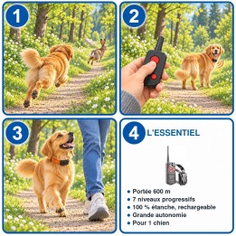 Collier de dressage 600 m 7 niveaux étanche et rechargeable : utilisation en 3 étapes et caractéristiques