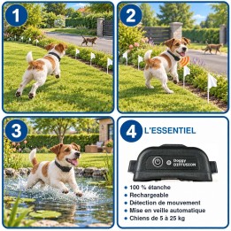 Clôture anti-fugue au collier étanche et rechargeable pour chiens de 5 à 25 kg : fonctionnement en 3 étapes et caractéristiques