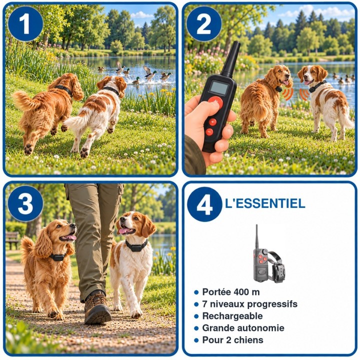 Colliers de dressage 400 m 7 niveaux pour 2 chiens : utilisation en 3 étapes et caractéristiques