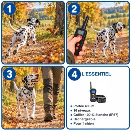 Collier de dressage 400 m 16 niveaux étanche et rechargeable : utilisation en 3 étapes et caractéristiques