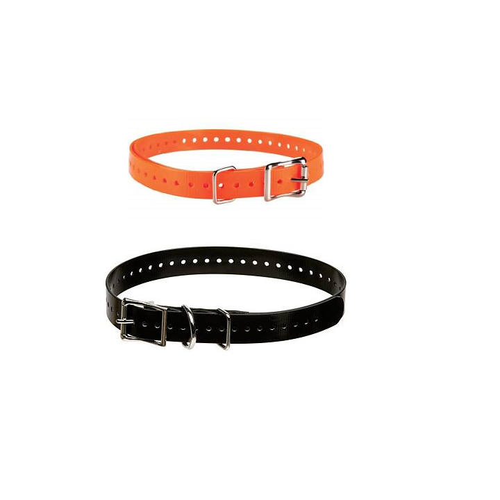 Une sangle orange à boucles et une sangle noire à boucle pour collier de dressage