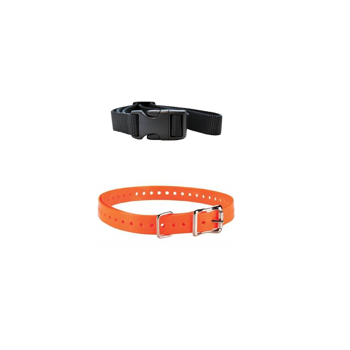 Une sangle nylon noire et une sangle orange à boucle pour collier de dressage